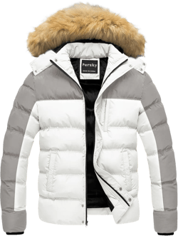 Pursky Men's Puffer Jacket Waterproof Winter Bubble Coats Ski Parka Fur Hooded Medium Light Grey &White