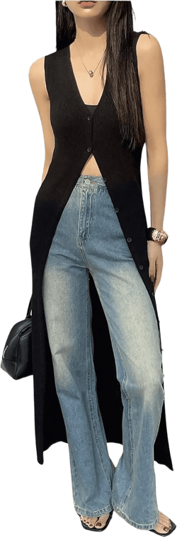 SHENHE Women's Button Up Sleeveless Long Cardigan V Neck Knit Duster Sweater Vest Cardigan Black X-Large