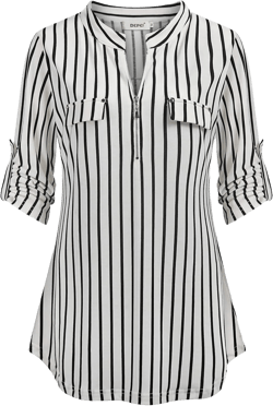 BEPEI Womens Floral 3/4 Sleeve Shirts Zip up V Neck Work Chiffon Blouses Top X-Large Black White Stripe