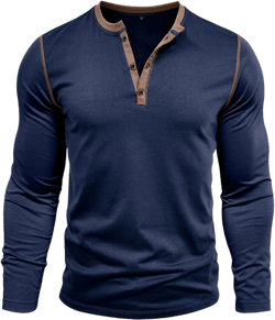 Men's Henley Shirts Classic Casual Basic Tee Shirts Long Sleeve Cotton Button T Shirts Large Navy