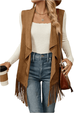 GORGLITTER Women's Sleeveless Boho Western Cowgirl Rodeo Outfits Fringe Open Front Suede Jacket Vest Tops Outwear 2025