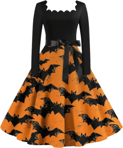 Halloween Costumes Woman 2024 Square Neck Pumpkin Bat Print Dress Fall Long Sleeve A-Line Party Dresses with Belt at Amazon Women’s Clothing store