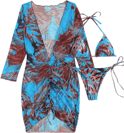 SOLY HUX Women's Printed Triangle Halter Bikini Bathing Suit with Cover Up 3 Piece Swimsuits Tropical Print Blue XS