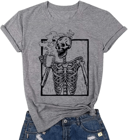 Hot Coffee Skeleton Shirt Women Halloween Skeleton Tshirt Funny Skull Graphic Tees Casual Fall Short Sleeve Tops Medium Gray