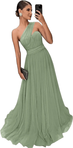 One Shoulder Bridesmaid Dress for Women 2024 Tulle Pleated Long Prom Formal Evening Dresses Wedding Ball Gowns Sage Green 20 Plus