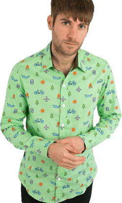 Green Plane Whale Tree Sun Bike Print Cotton Slim Fit Mens Shirt Long Sleeve