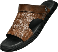 Men's Genuine Leather Fashion Sandals Classic Printing Open Toe Slingback Straps Slip-On Beach Flat Sandals Non-Slip Soft Comfortable Slide Sandals Brown 11