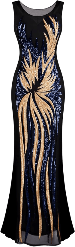 ANGEL FASHIONS Women's Sheer Gold Sequined Black Splicing Evening Dress