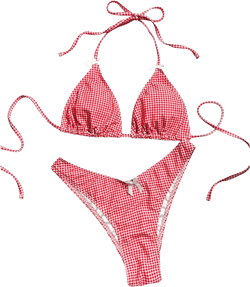 GORGLITTER Women's Gingham Bikini Set Bow High Cut Thong Halter Triangle Top Cheeky Cute 2025 Swimsuit Bathing Suit X-Small Red