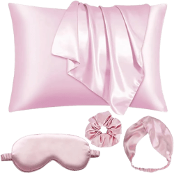Satin 5-Piece Pillow Cover Sleep Mask Set Silky Pillowcase Eye Mask Scrunchies Set Pillowslip Blindfold with Headband Eye Patch Gift Set for Men Women (Pink)
