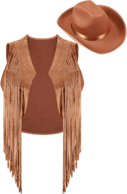 Zhanmai Fringe Vests Cowgirl Outfits for Women Faux Suede Tassels 70s Hippie Clothes Vest Jacket Western Cowboy Hat Brown XX-Large