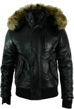 Men's Classic Stylish Real Fur Hood Bomber Motorcycle Leather Jacket Black Puffer Padded Medium Black