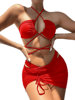 Women's 3 Piece Criss Cross Halter Bikini Set Sexy Cutout Wrap Strappy Swimsuit with Drawstring Mesh Beach Cover Up Skirt X-Large Red