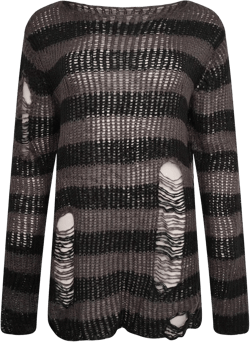 Ro Rox Gothic Knitted Jumper with Distressed Look - Oversized Pullover with Ripped Design, Long Sleeves, Loose Fit, 90s Grunge Style Stripe Pattern, Grey, L-XL