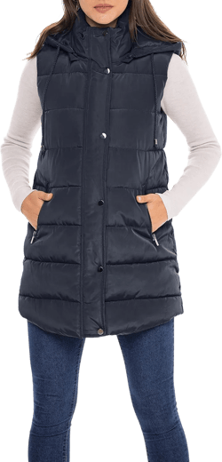Sebby S.E.B Women's Long Puffer Vest, Quilted Faux Down Filled Hooded Vest for Fall and Winter Medium Navy