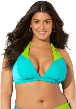 Swimsuits for All Women's Romancer Colorblock Halter Triangle Bikini Top - 6, Neon Mint Oasis (Plus Sizes Available)
