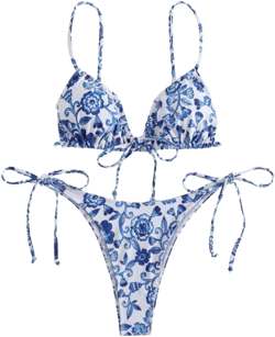 Floral Print Micro Bikini - Blue and White Porcelain Bikini Set