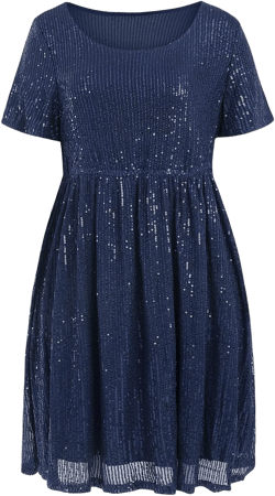 Wenrine Women's Sequin Plus Size Mini Dress Short Sleeve Scoop Neck Pleated A Line Cocktail Party Dresses Navy Blue 3X-Large Plus
