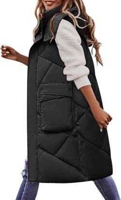 Womens Long Down Puffer Vest with Hood Winter Quilted Hooded Long Vest Plus Size Warm Sleeveless Jacket Vest Winter 3X-Large Ze- Black