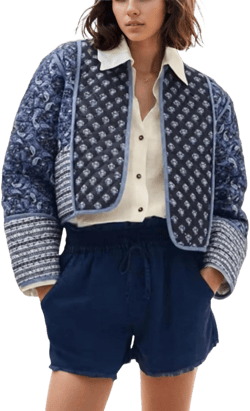 Aimiray Women's Cropped Floral Puffer Jacket Cardigan Printed Lightweight Open Front Padded Quilted Coats(Navyblue-S)