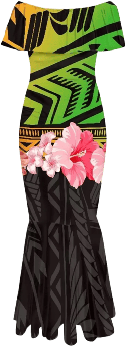 Women's Puletasi Samoa Off Shoulder Fishtail Dresses Evening Gown Maxi Dressl Lady Elegant Polynesian Dress X-Large Green Polynesian Hibiscus Flower