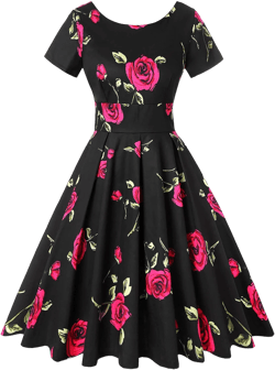 MINTLIMIT Women's 1950s Retro Vintage Rockabilly Short Sleeve Cocktail Party Swing Dress Medium Floral Black Pink Rose
