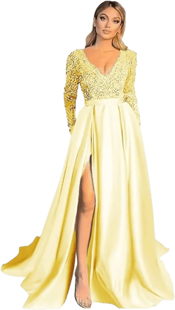 Sequin Long Sleeve Prom Dress Satin V Neck Formal Ball Gown Pockets Slit Wedding Guest Dress YN14 Yellow 16