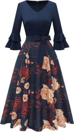 DRESSTELLS Cocktail Dress 2025, Long Bell Sleeves & V-Neck, Formal Bridesmaid Prom Dresses for Party Small Ps Navy+navy Yellow Flower
