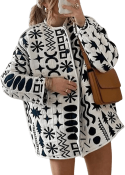 Wyeysyt Women's Quilted Puffer Jacket Lightweight Floral Print Padded Cardigan Button Down Puffy Coat Outwear White Medium