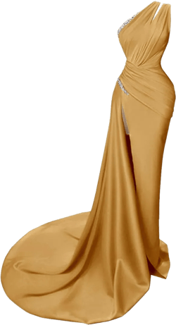Fanciest Women's Beaded One Shoulder Satin Prom Dress with Slit Long Formal Dresses with Train 16 Plus Gold
