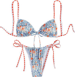 SHENHE Women's Floral Printed Front Tie Sexy Bikini Set Vacation 2 Piece Swimsuit Floral Blue White Small
