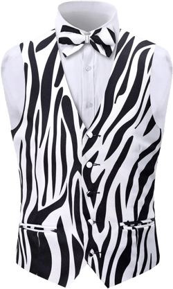 2-Piece Animal Print Vest for Men, Party Waistcoat Vest & Bow Tie, S-3XL X-Large Black White