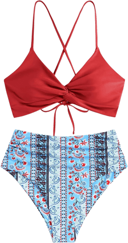 ZAFUL Twist High Waisted Bikini for Women Cross Lace Up Bathing Suit Ruched Bikini Swimsuits Tummy Control Swimwear Red Tribal M