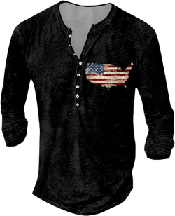 Men Retro Printed Henley Shirt Casual Long Sleeve V Neck Tee Shirt Distressed Button Down Tee Shirts Fall Flag 04 4X-Large
