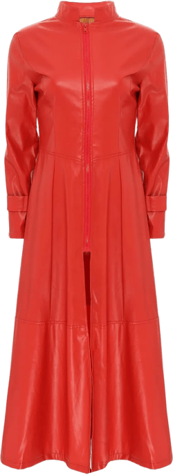 Lejafay Women's Adult Shiny Metallic Leather High Neck Zipper Trench Coat Long Jacket Cloak Dress XX-Large Leather Red a