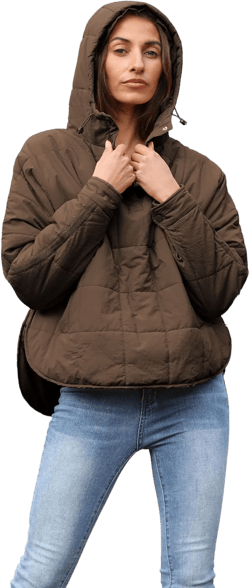 Women's Pullover Puffer Jacket Quilted Lightweight Dolman Sleeve Button Down Hooded Padded Coat with Pocket Brown Large