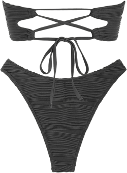 ZAFUL Women Strapless Textured Bandeau Bikini 2 Piece Swimwear Cheeky Solid Lace up Bathing Suits 1-dark Gray Medium