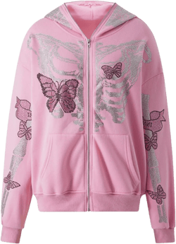 Women Men Zip Up Oversize Hoodie Gothic Skeleton Butterfly Rhinestones Graphic Sweatshirt Jacket Pullover Cardigan Streetwear X-Large Pink