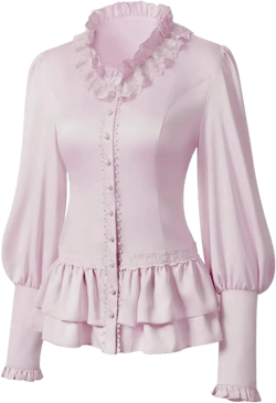 Women Vintage Victorian Long Sleeve Corset Top Lace Ruffled Blouse Stand Collar Shirts Pink X-Large