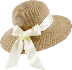 Summer Beach Hat for Women, Wide Brim Straw Hats - UPF 50 - Chic Boho Sun Hats with Detachable Silk Tie for Travel Vacation Khaki/White
