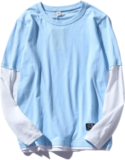Men's Casual Long Sleeve T-Shirt Fake Two Piece Cotton Shirt Pullover Top Blouse X-Large Blue