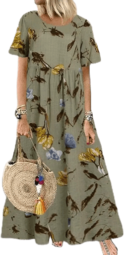 Geerta Women's Plus Size Maxi Muumuu Dress - Green Floral Hawaiian Cotton Long Sleeve Casual Elegant Swing Dress with Ruffle - Pull On - Hand Wash Only, Line Dry X-Small-Small Green