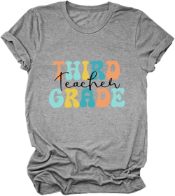 Women's Third Grade Teacher T-Shirt Short Sleeve 3rd Grade Shirts Retro Graphic Teacher Tee 3rd Grade Summer Top Grey With Black Print 3X-Large