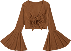 Verdusa Women's Long Bell Sleeve V Neck Tie Front Rib Knit Crop Top Blouse