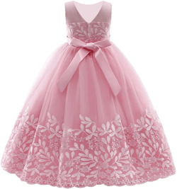Flower Girl Lace Dress for Kids Wedding Bridesmaid Pageant Party Formal Gown Princess Communion Tulle V-Back Dresses