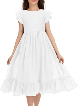 MITILLY Girls Elegant Lace Flower Crew Neck Ruffle Chiffon A-Line Flowy Birthday Party Midi Dress: Clothing, Shoes & Jewelry