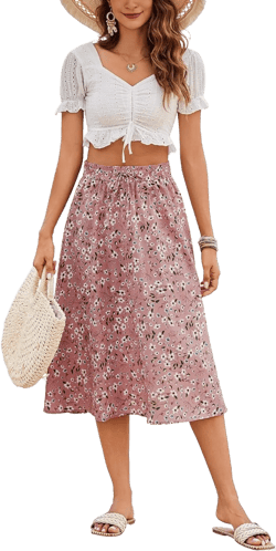 Bluetime Women Floral Print Midi Skirt Summer Beach Pleated Elastic High Waisted A Line Skirt XX-Large Pink White
