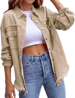 Women's Button Down Oversized Denim Jackets Ripped Frayed Shacket Jean Coat Distressed Shirts with Pockets Small Khaki