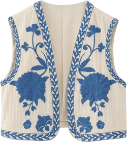 NUFIWI Women Vintage Embroidered Floral Vest Top Y2k Sleeveless Open Front Crop Vest Boho Floral Waistcoat Jacket X-Small Blue
