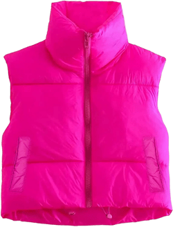 NUFIWI Women Stand Collar Cropped Puffer Vest Sleeveless Zipper Padded Gilet Lightweight Winter Warm Outerwear Medium With Pocket Red Pink